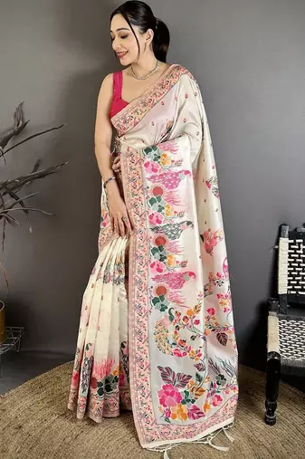 Off white woven design silk blend handloom jamdani saree