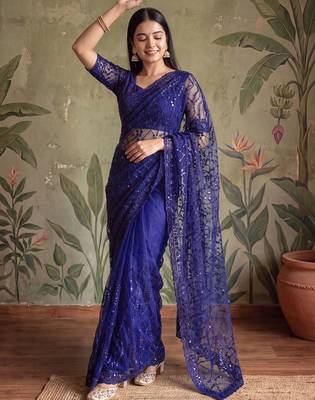 Blue floral sequinned net designer saree 1