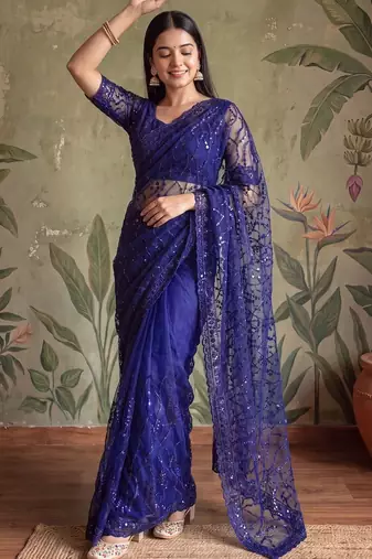 Blue floral sequinned net designer saree