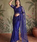 Blue floral sequinned net designer saree