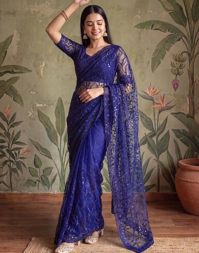 Blue floral sequinned net designer saree