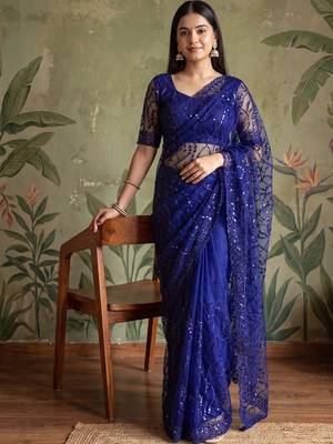 Blue floral sequinned net designer saree 2