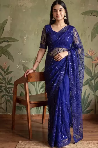 Blue floral sequinned net designer saree