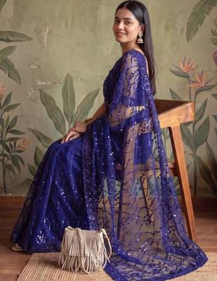 Blue floral sequinned net designer saree 3