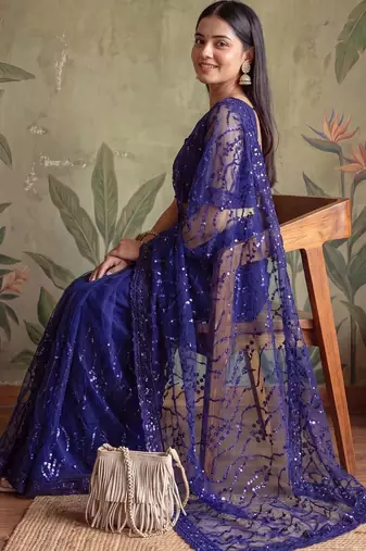 Blue floral sequinned net designer saree