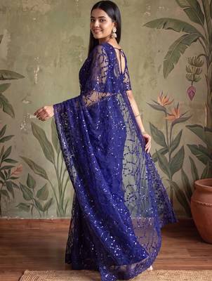 Blue floral sequinned net designer saree 4