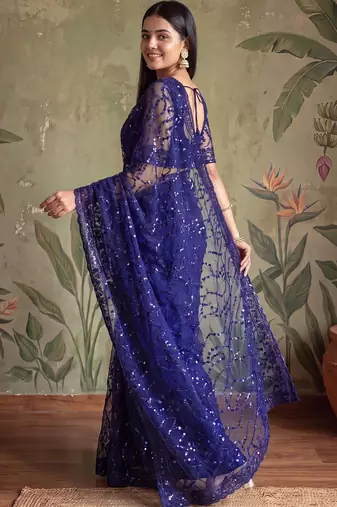 Blue floral sequinned net designer saree
