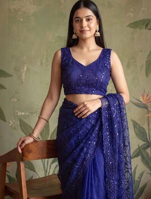 Blue floral sequinned net designer saree 5