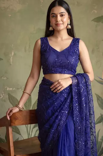 Blue floral sequinned net designer saree