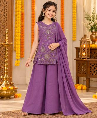 Purple sequins embroidered kurti palazzo girls festive set with dupatta 1