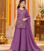 Purple sequins embroidered kurti palazzo girls festive set with dupatta