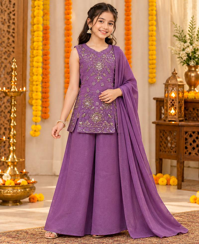 Purple sequins embroidered kurti palazzo girls festive set with dupatta
