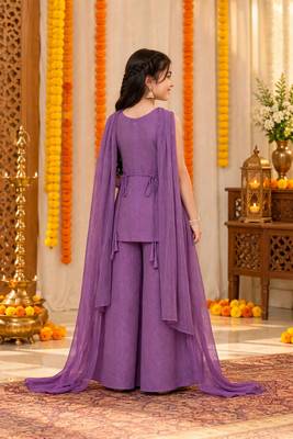 Purple sequins embroidered kurti palazzo girls festive set with dupatta 2