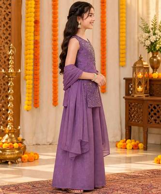 Purple sequins embroidered kurti palazzo girls festive set with dupatta 3