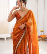 Orange sequinned tissue designer saree