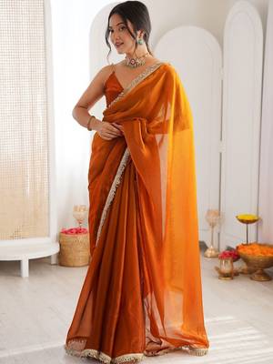 Orange sequinned tissue designer saree 2