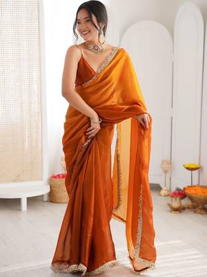 Orange sequinned tissue designer saree 3