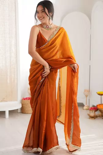 Orange sequinned tissue designer saree