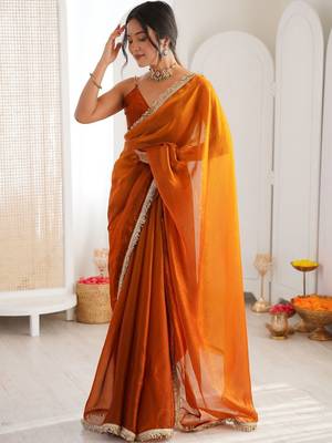 Orange sequinned tissue designer saree 4