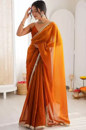 Orange sequinned tissue designer saree