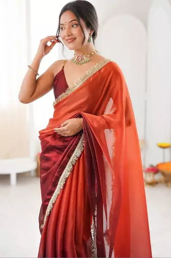 Orange ombre sequinned tissue designer saree