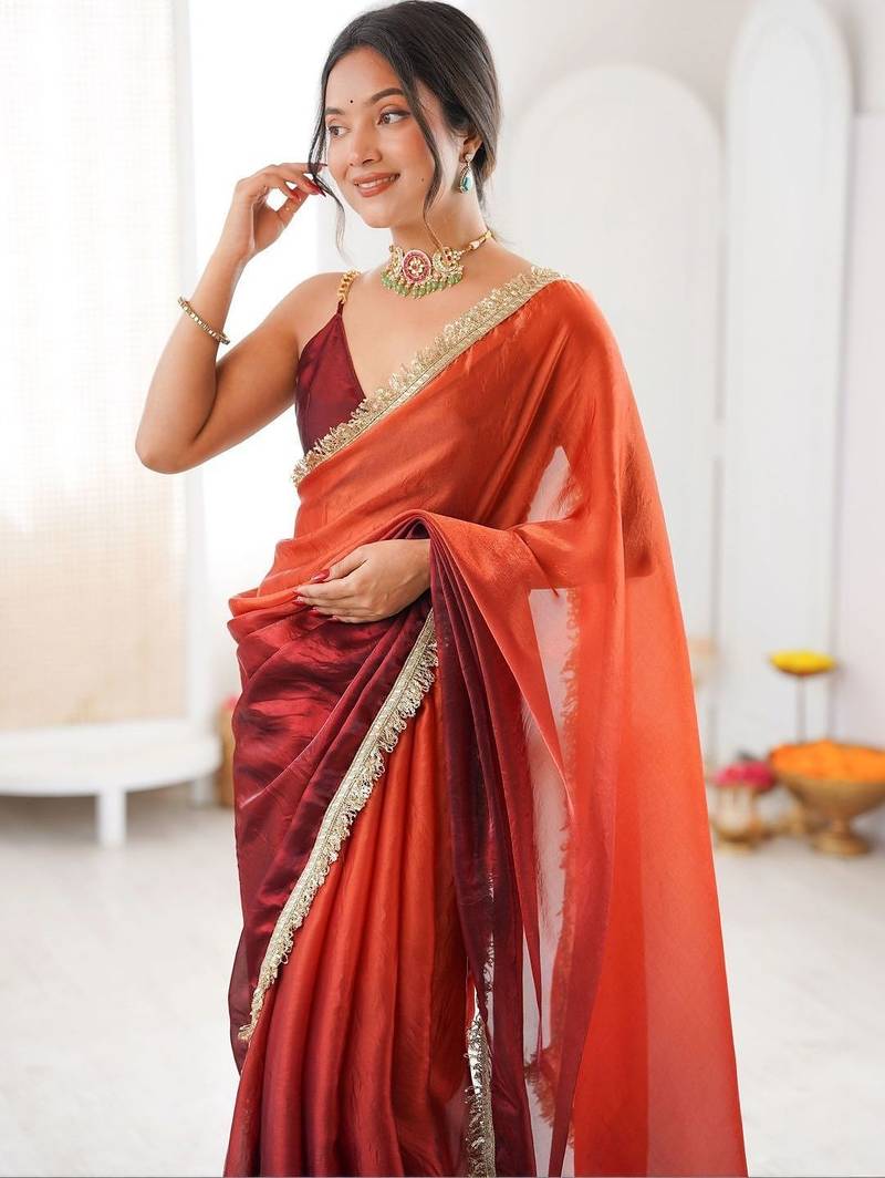 Orange ombre sequinned tissue designer saree