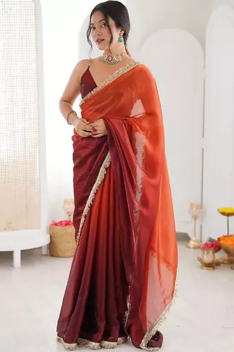 Orange ombre sequinned tissue designer saree