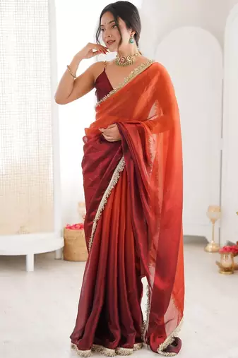 Orange ombre sequinned tissue designer saree
