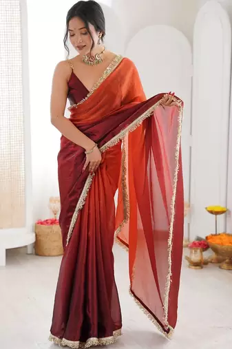 Orange ombre sequinned tissue designer saree