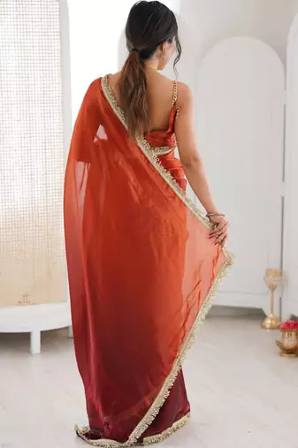 Orange ombre sequinned tissue designer saree