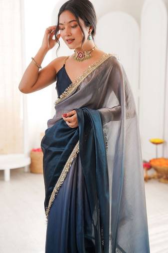 Blue ombre sequinned tissue designer saree