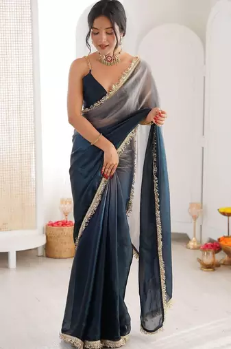 Blue ombre sequinned tissue designer saree