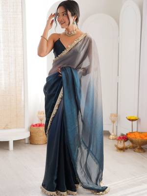 Blue ombre sequinned tissue designer saree 3