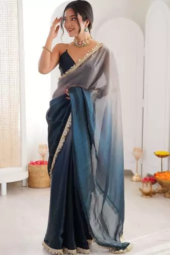 Blue ombre sequinned tissue designer saree