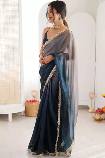 Blue ombre sequinned tissue designer saree