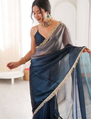 Blue ombre sequinned tissue designer saree 5