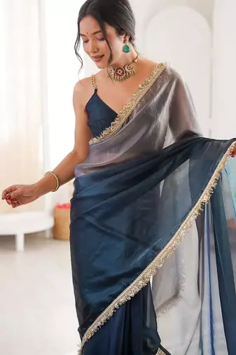 Blue ombre sequinned tissue designer saree