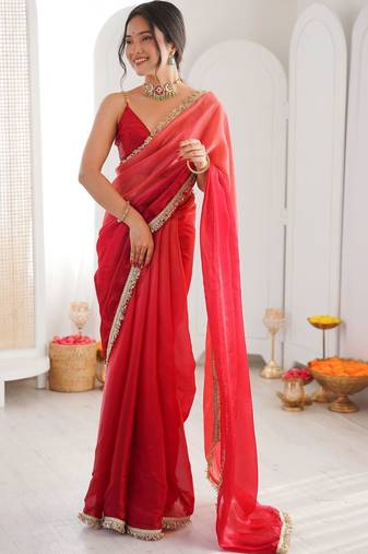 Red ombre sequinned tissue designer saree