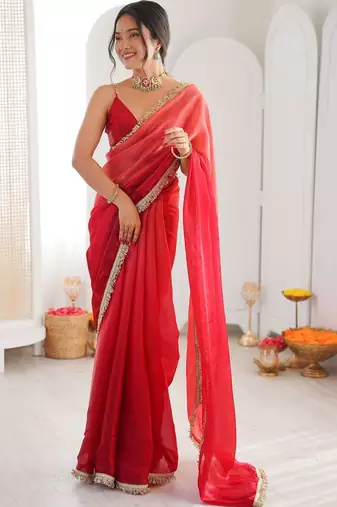 Red ombre sequinned tissue designer saree
