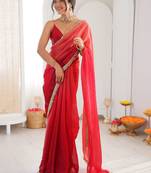 Red ombre sequinned tissue designer saree