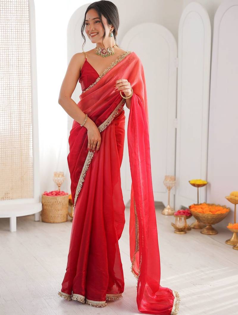 Red ombre sequinned tissue designer saree