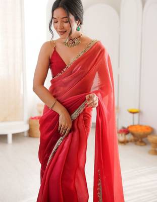 Red ombre sequinned tissue designer saree 2