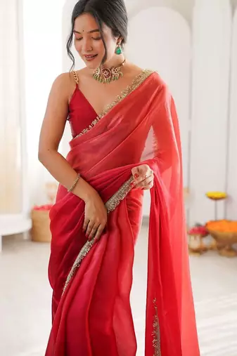 Red ombre sequinned tissue designer saree