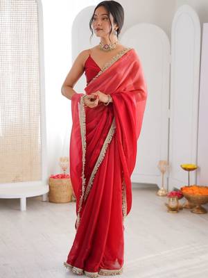 Red ombre sequinned tissue designer saree 3