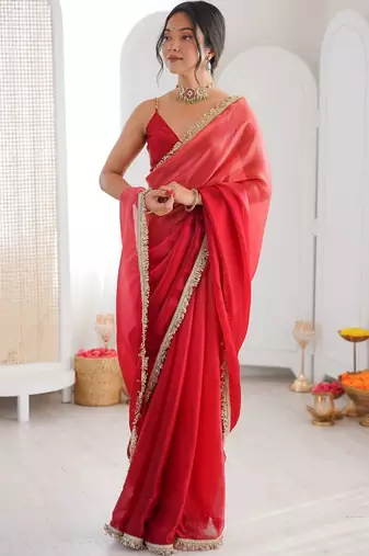 Red ombre sequinned tissue designer saree