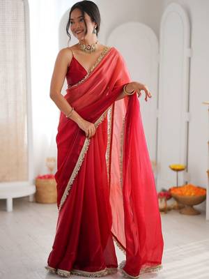 Red ombre sequinned tissue designer saree 4