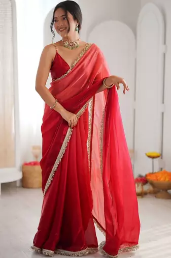 Red ombre sequinned tissue designer saree