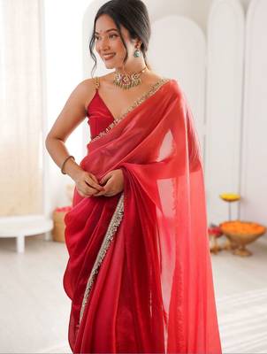 Red ombre sequinned tissue designer saree 5