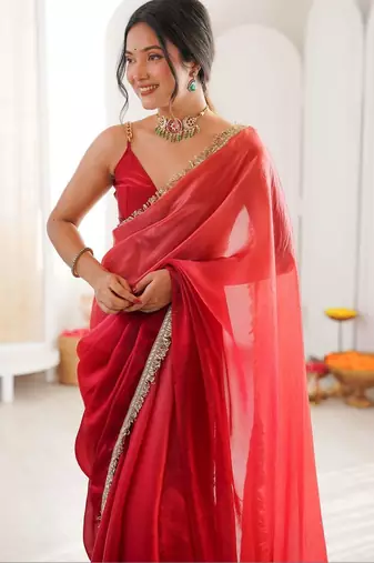 Red ombre sequinned tissue designer saree