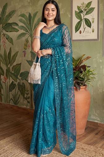 Teal embellished sequinned net designer saree